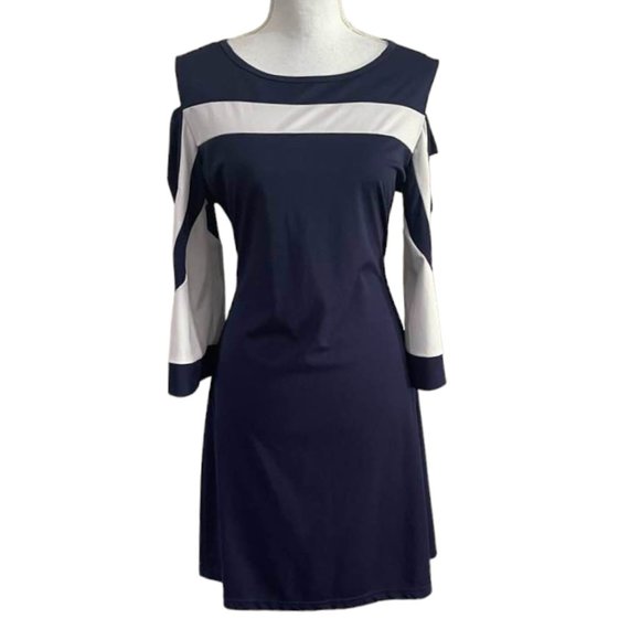 Cold Shoulder Navy Shift Dress with Long Bell Sleeves XL - Picture 13 of 13